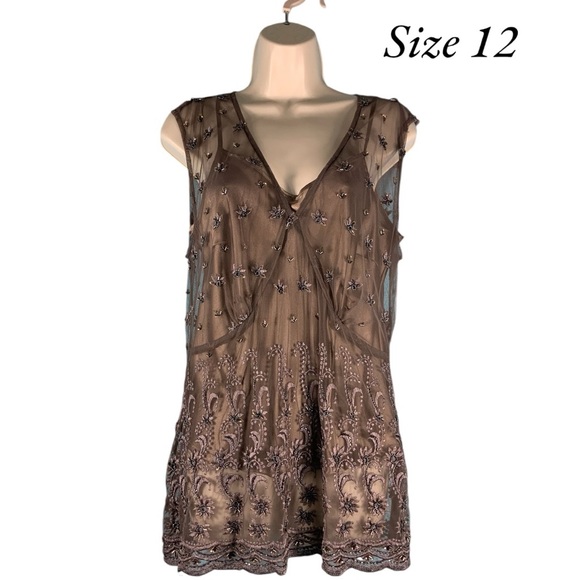Spiegel Tops - Embroidered Beaded Sheer Top With Attached Camisole, Size 12